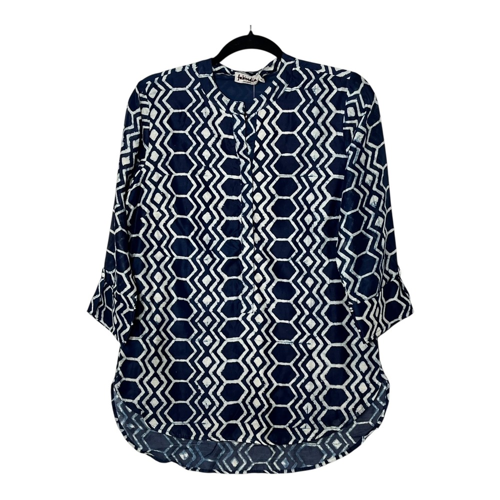 Fabindia Chanderi NWT Silk Cotton Indigo Geo Kurta Tunic Shirt Women Medium New